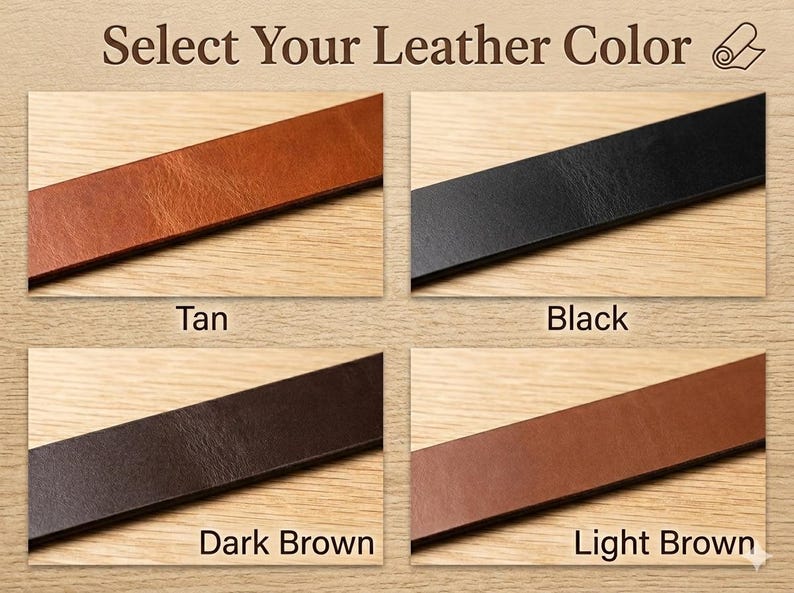 Op de afbeelding: Een kleurselectiekaart met vier stroken leer gelabeld als Tan, Black, Dark Brown en Light Brown. De tekst Select Your Leather Color staat bovenaan. Elke leren strook wordt weergegeven in een rechthoekig kader tegen een achtergrond met houtnerf.