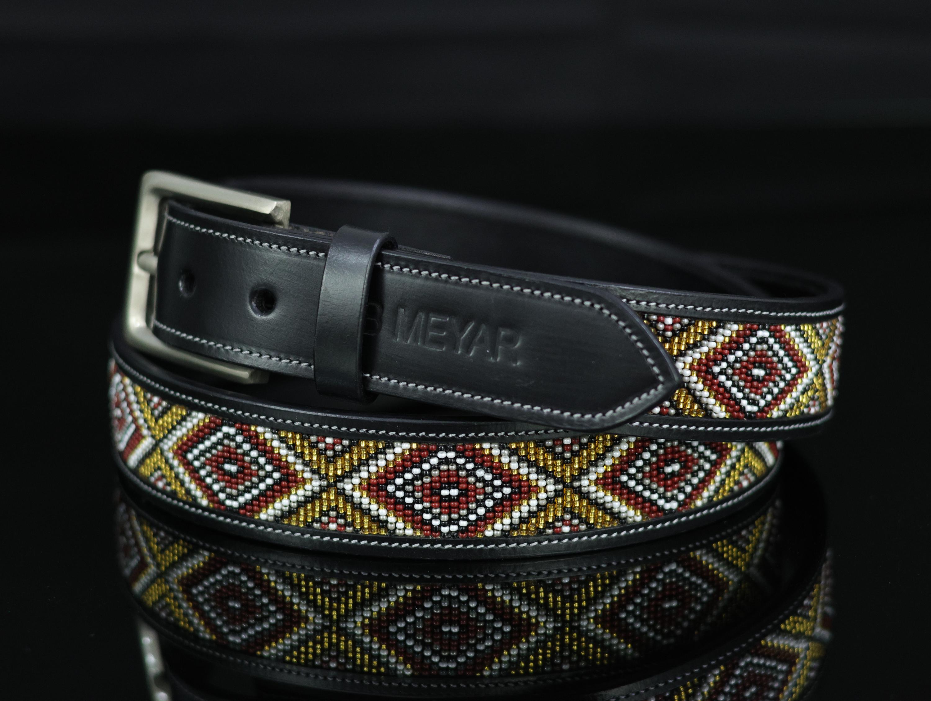 Western Fashion Belt with Lace Bead Overlay, Removable Buckle, Size Medium Personalized Handmade Beaded Leather Western Belt: Removable  main image 4
