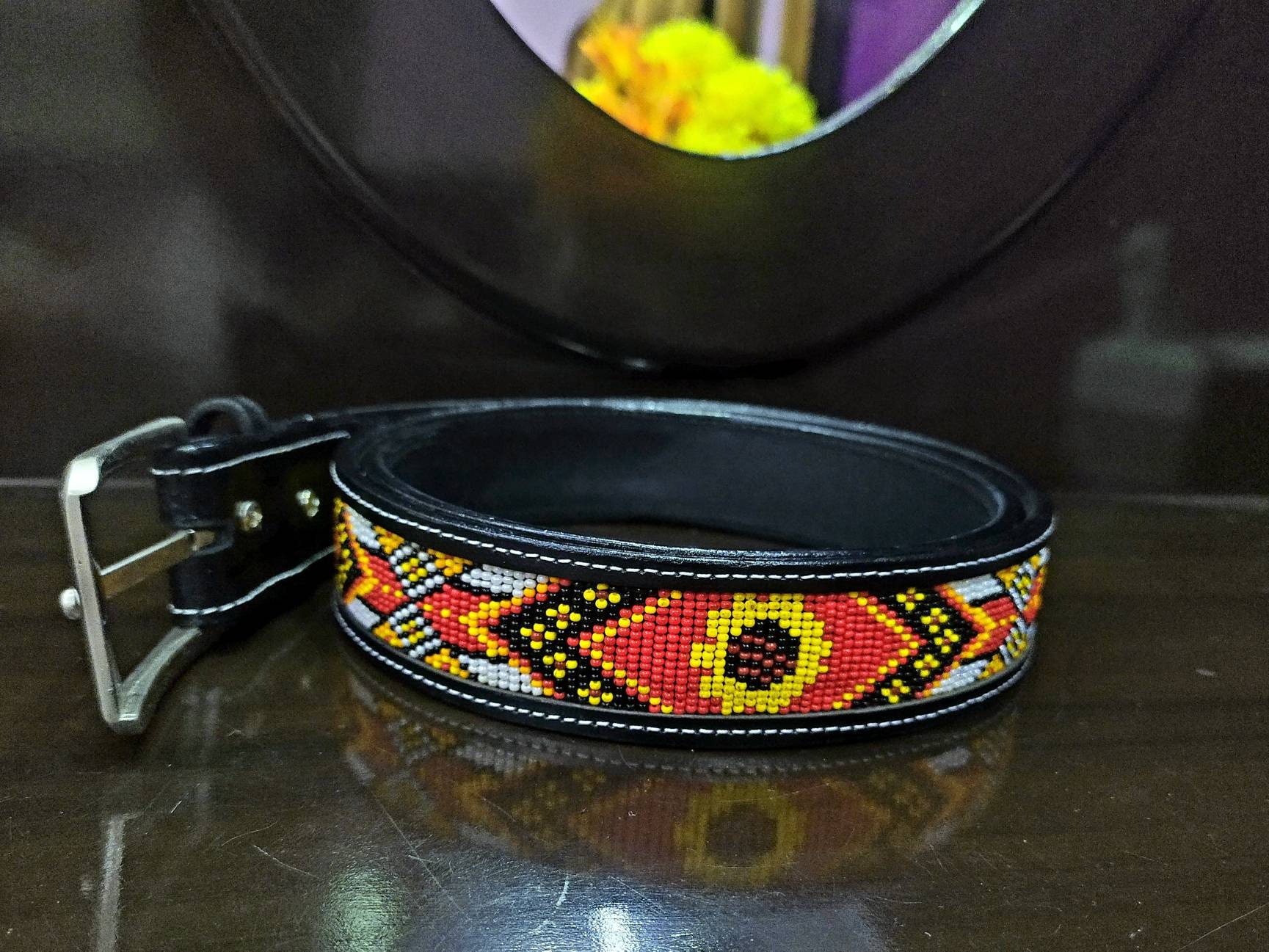 Custom Beaded Western Leather Belt — Yellow Floral Design  display picture 1