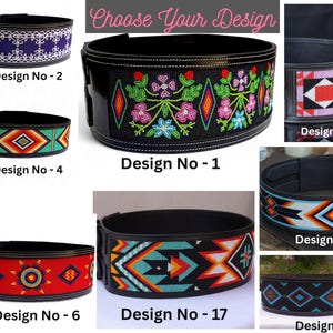May include: A selection of beaded belts with diverse patterns and colours. Designs include floral, geometric, and tribal motifs. The belts are labelled with design numbers. The text "Choose Your Design" is displayed above the belts.
