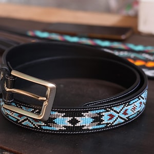 Personalized Leather Beaded Waist Belt – 1.3&quot; Wide Belt – Western Regalia Belt for Pow Wow Gift, Birthdays, Anniversaries and More.