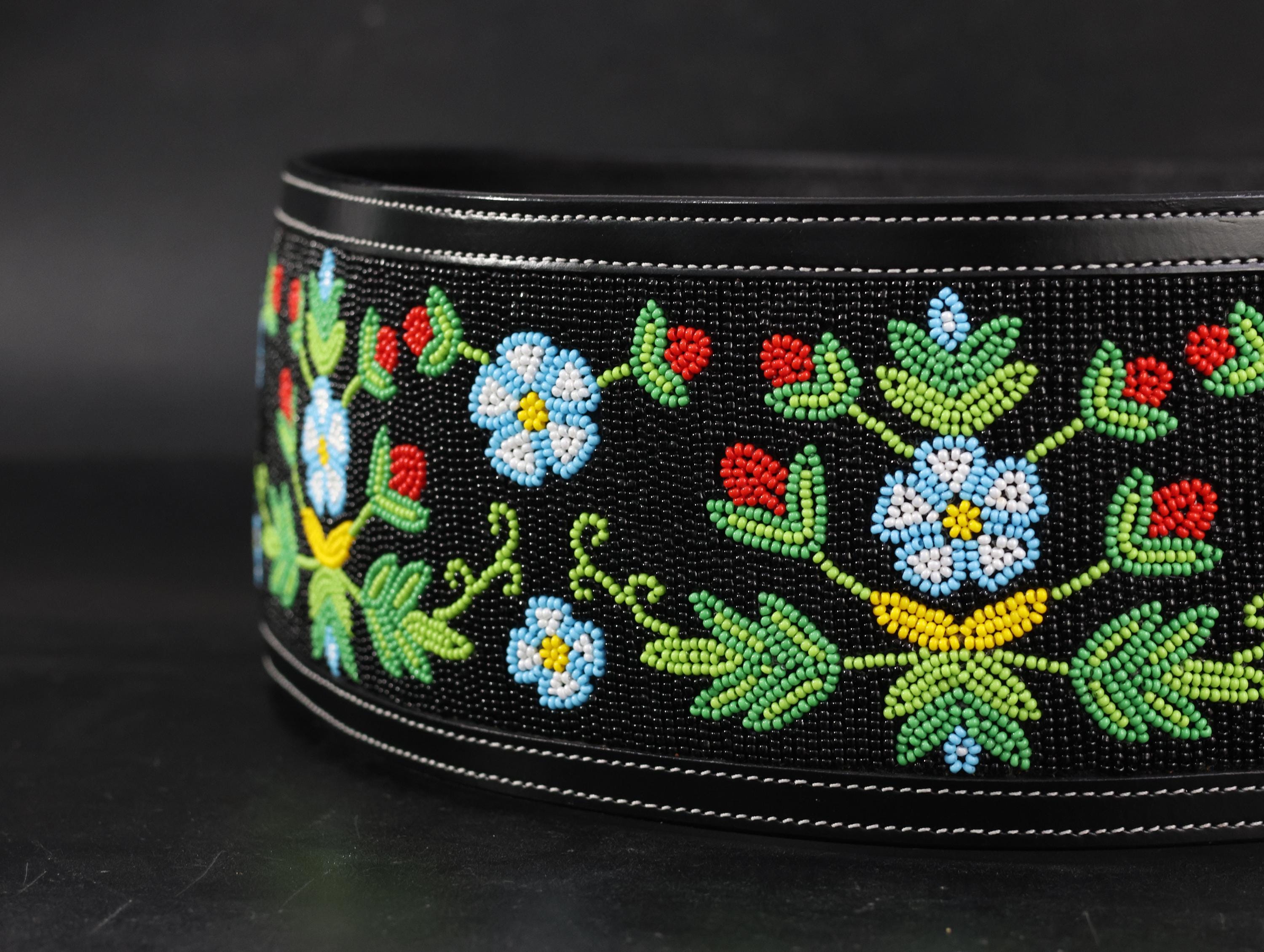 Black Leather Floral Beaded Belt | Wide Waist Belt 