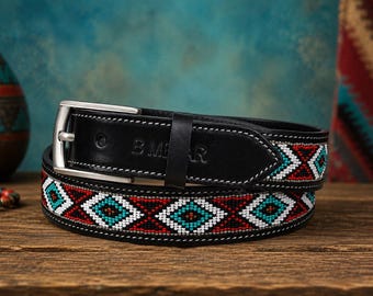 Leren riem met western gesp en kralen, tribale stijl, 35 mm breed, rokriem, handgemaakt met kralen.