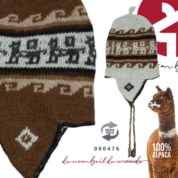 Bonnet Péruvien 100% Alpaga Killa Nueva, Tricoté Main, Coloré Et Ajustable