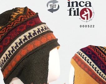 May include: A green, orange, red, and yellow knitted hat with ear flaps. The hat has a geometric pattern and is made of wool. The hat is called "Inca Filo" and has the number 000522 on the label.