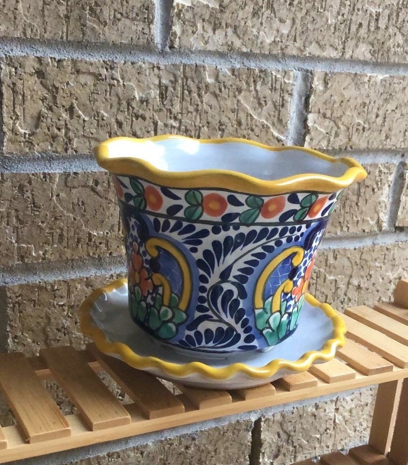 Maceta Decorativa con plato estilo Mexicano de Talavera. Talavera Mexican Pottery Ceramic Flower Pot /& Matching Drip Dish Set