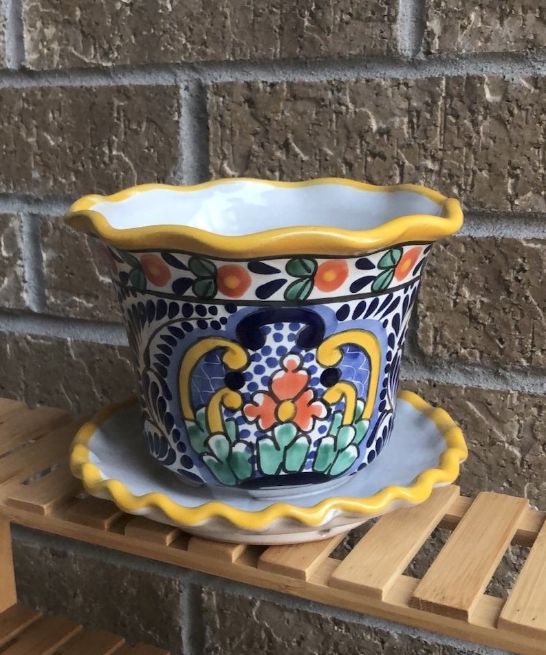 Maceta Decorativa con plato estilo Mexicano de Talavera. Talavera Mexican Pottery Ceramic Flower Pot /& Matching Drip Dish Set
