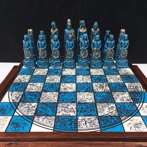 Chess Set Pyramid Inspired by the Culture of Mexico 22 Sky Blue & White ...
