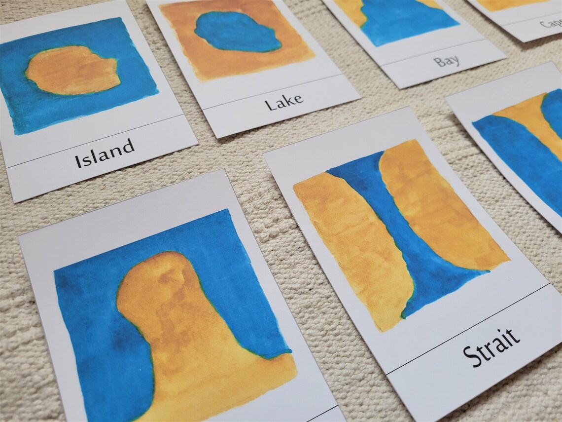 Montessori Land &amp; Water Forms 3 Part Cards and World Map Chart - Etsy UK