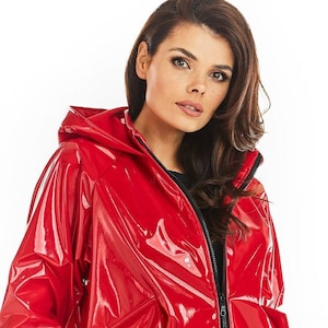 PVC PATENT Cropped Parka with Hood, PVC Raincoat, Hooded Red Coat, Lacquer Vinyl Trench Coat, Patent Women Trench Coat, Hooded Short Jacket image 1