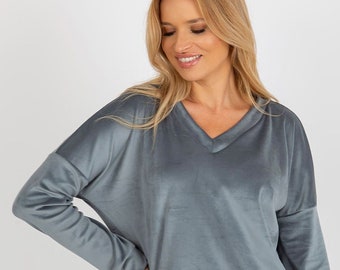 GRAY VELOUR Sweatshirt, Long-Sleeve Top, Velour Top