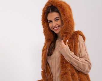 FUR Womens Weste, Weste mit Kapuze, Eco-Pelz-Herbstweste, Reißverschlussweste, Kapuzenweste, ärmelloser Mantel, Avantgarde-Kleidung, futuristische Kleidung