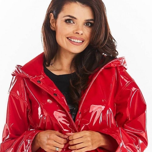 Patent Leather Parka with A Hood, PVC Raincoat, Vinyl Eco Leather Trench Coat, Lacquer Vinyl Raincoat, Patent Jacket, Red Patent Coat
