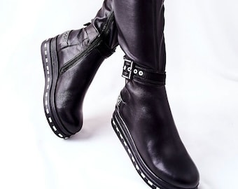 EUROPEAN NATURAL Leather Women Boots with Decorated Flat Sole