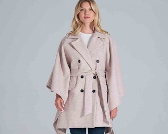 BELTED Cape Coat for Women, British Style Coat, Double Breasted Coat,  Batwings Sleeves, Outwear Women Cloak, Coat Cloak, Ladies Cape Coat