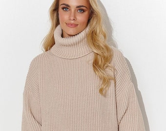 BEIGE Oversized Knitted Sweater, Chunky Knit Sweater, Turtleneck Sweater, Thick Sweater, Mock Neck Sweater, Loose Knit Sweater, Turtleneck
