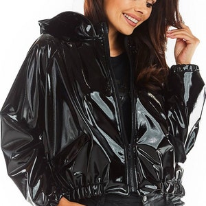 PVC PATENT Cropped Parka with Hood, PVC Raincoat, Hooded Red Coat, Lacquer Vinyl Trench Coat, Patent Women Trench Coat, Hooded Short Jacket image 5