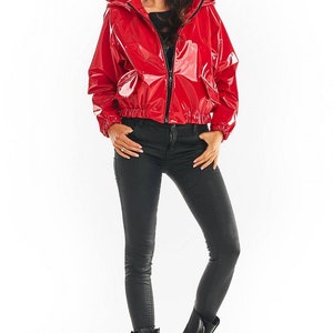 PVC PATENT Cropped Parka with Hood, PVC Raincoat, Hooded Red Coat, Lacquer Vinyl Trench Coat, Patent Women Trench Coat, Hooded Short Jacket image 4