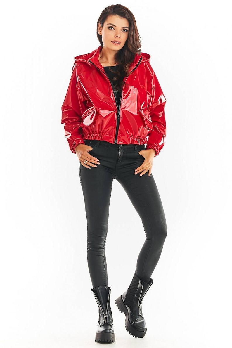 PVC PATENT Cropped Parka with Hood, PVC Raincoat, Hooded Red Coat, Lacquer Vinyl Trench Coat, Patent Women Trench Coat, Hooded Short Jacket image 4