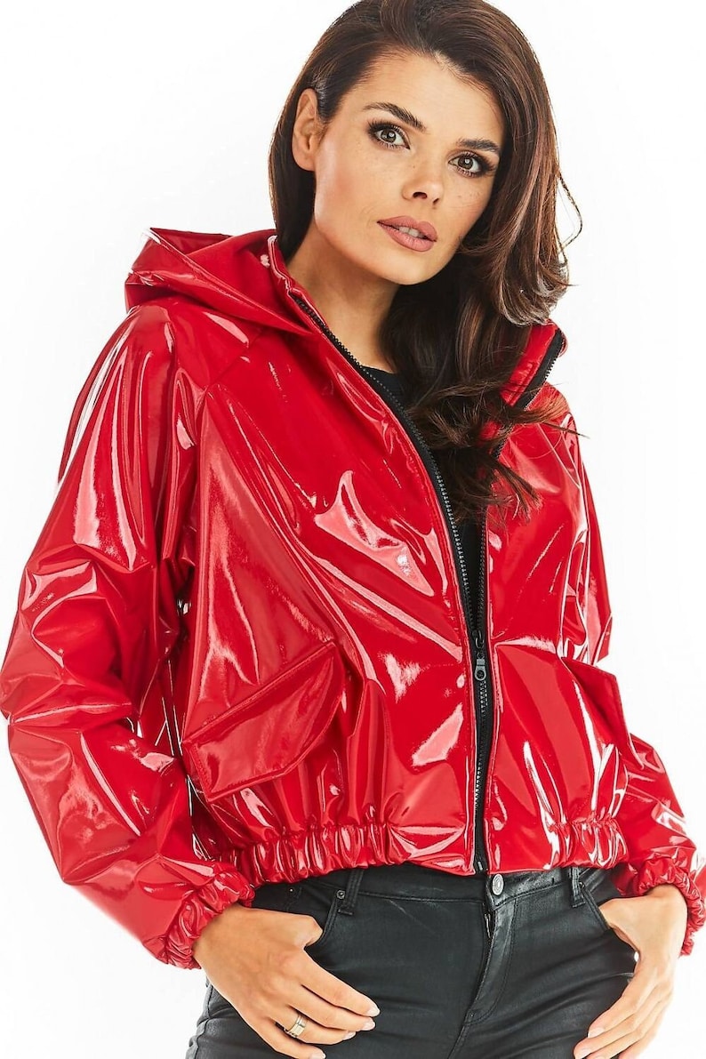 PVC PATENT Cropped Parka with Hood, PVC Raincoat, Hooded Red Coat, Lacquer Vinyl Trench Coat, Patent Women Trench Coat, Hooded Short Jacket image 1