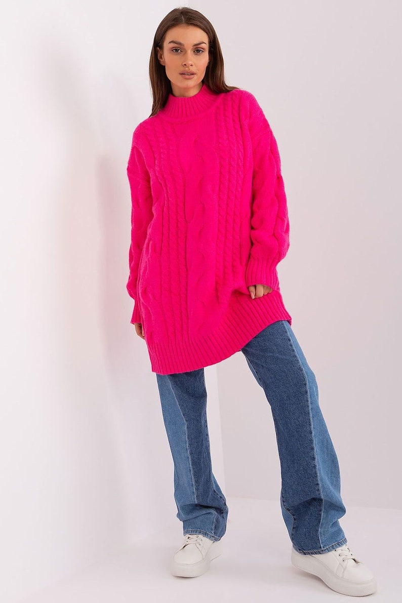 HOT PINK TURTLENECK Sweater, Fuchsia Warm Sweater, Sweater Dress, Turtleneck Dress, High Neck Sweater, Knit Sweater Dress, Winter Maxi Dress image 1