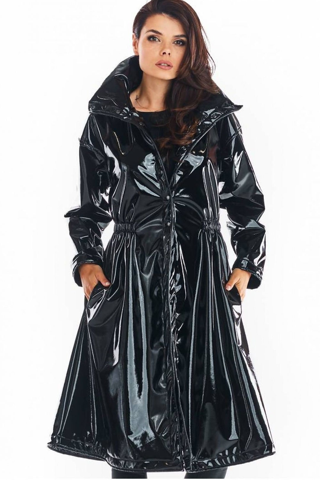 PVC PATENT Leather Long Black Trench Coat With a High Collar - Etsy