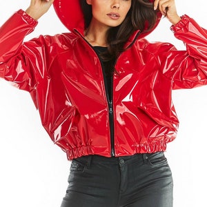 PVC PATENT Cropped Parka with Hood, PVC Raincoat, Hooded Red Coat, Lacquer Vinyl Trench Coat, Patent Women Trench Coat, Hooded Short Jacket image 2