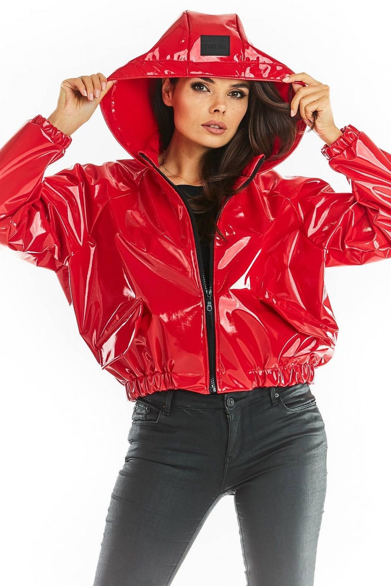 PVC PATENT Cropped Parka with Hood, PVC Raincoat, Hooded Red Coat, Lacquer Vinyl Trench Coat, Patent Women Trench Coat, Hooded Short Jacket image 2