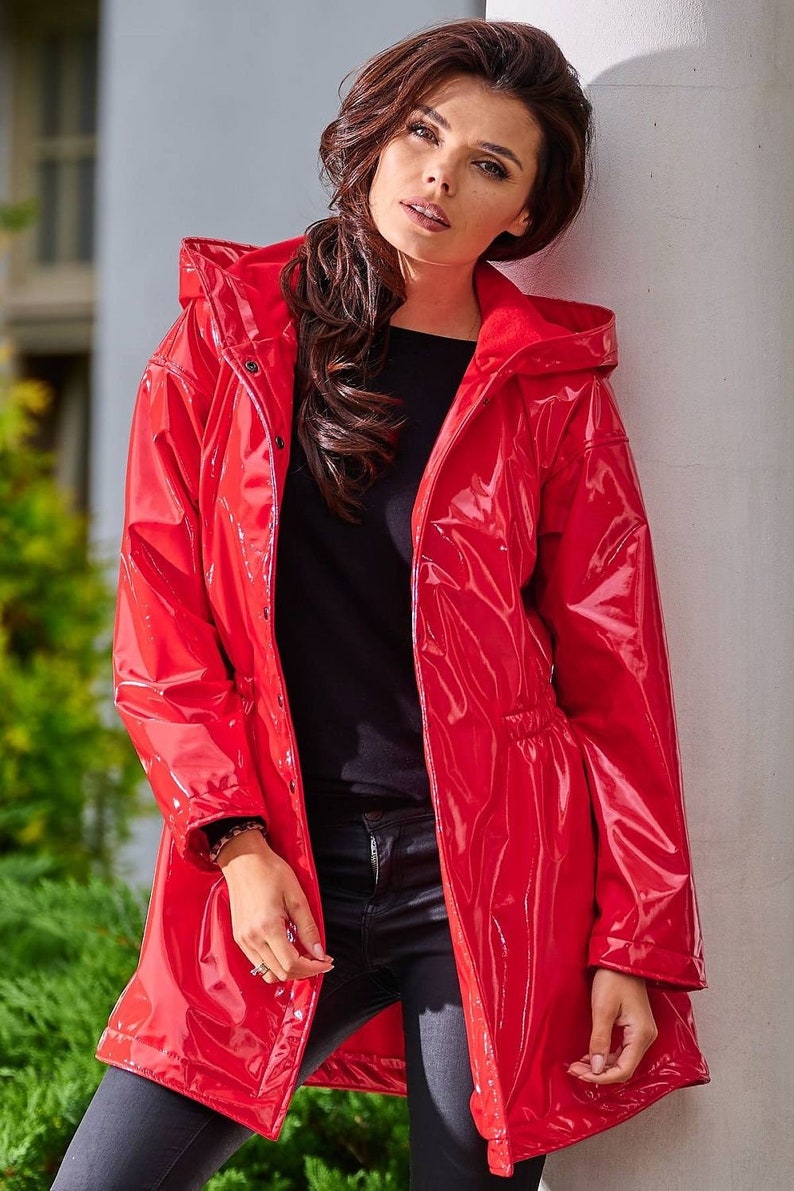 PVC PATENT Leather Parka With a Hood, PVC Raincoat, Hooded Red Coat ...