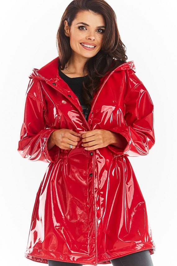 red patent raincoat