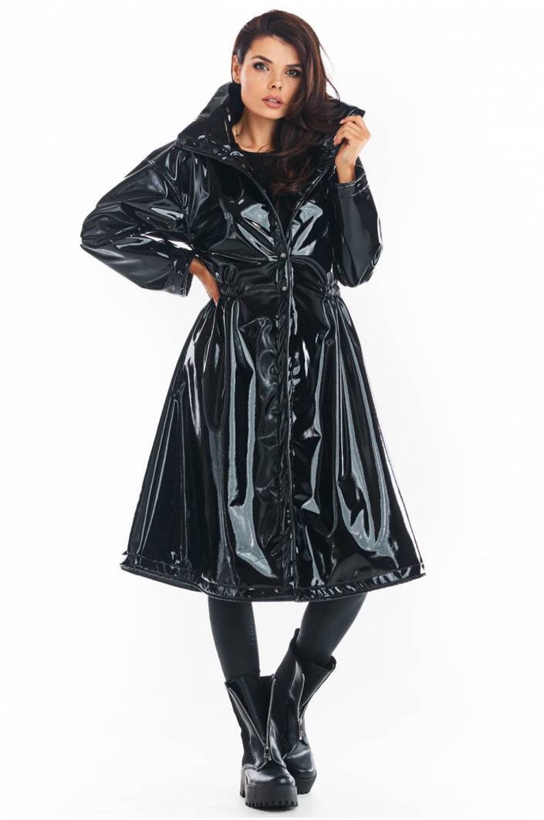 PVC PATENT Leather Long Black Trench Coat With a High Collar - Etsy