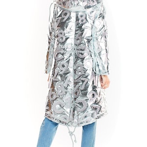 METALLIC Silver Trench Coat, Hooded Coat, Rain Jacket, Avant Guard Clothing, Futuristic Clothing, Plastic Raincoat, Patent Women Trench Coat image 2