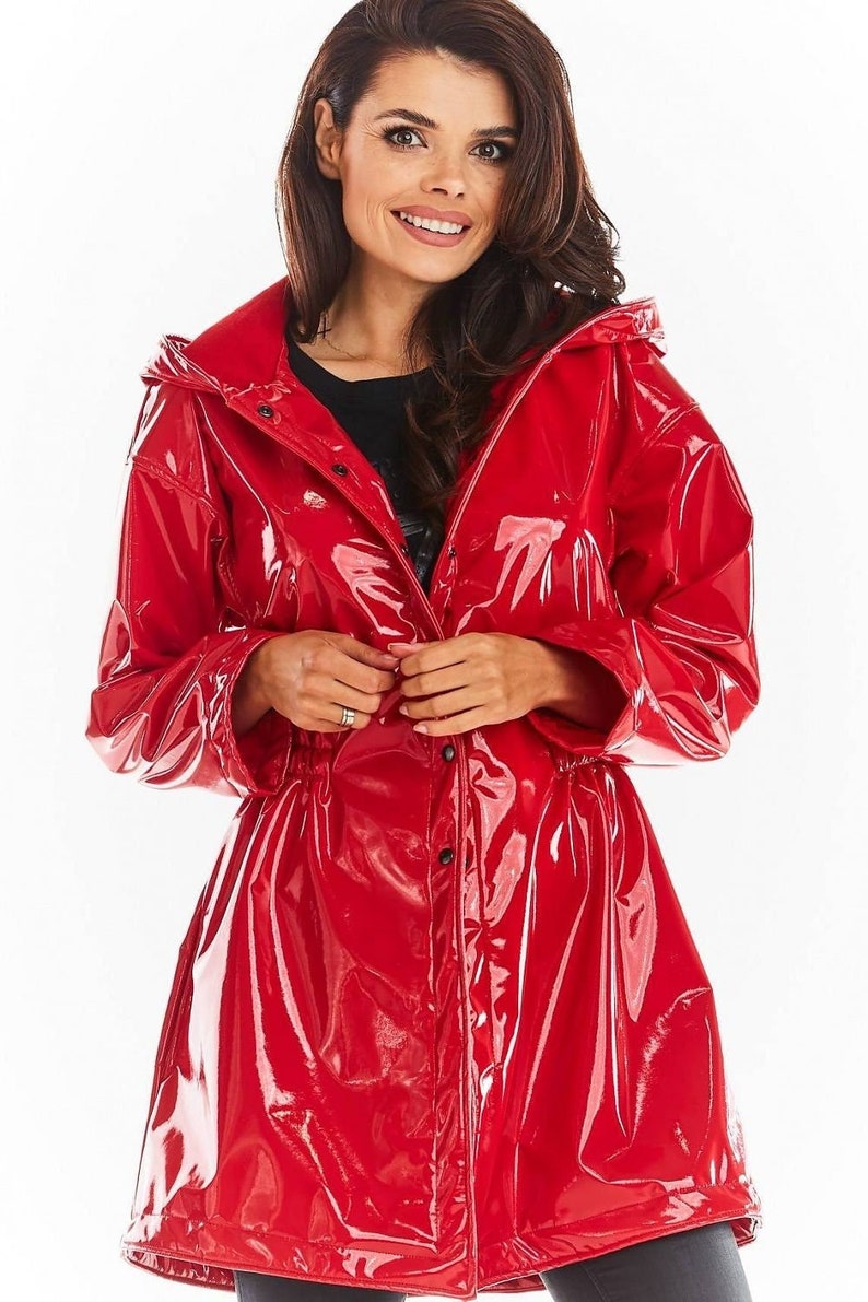PVC PATENT Leather Parka With a Hood, PVC Raincoat, Hooded Red Coat ...