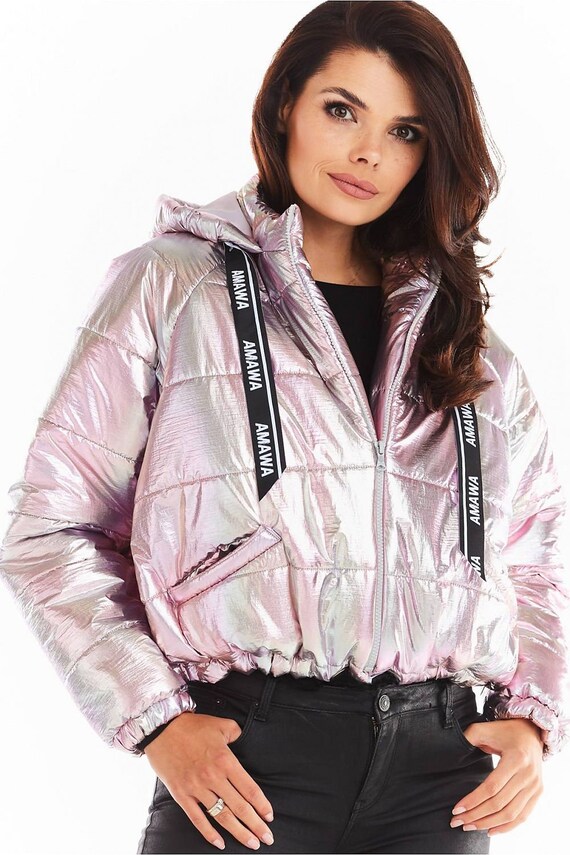 PINK HOLOGRAPHIC PUFFER Coat With a 