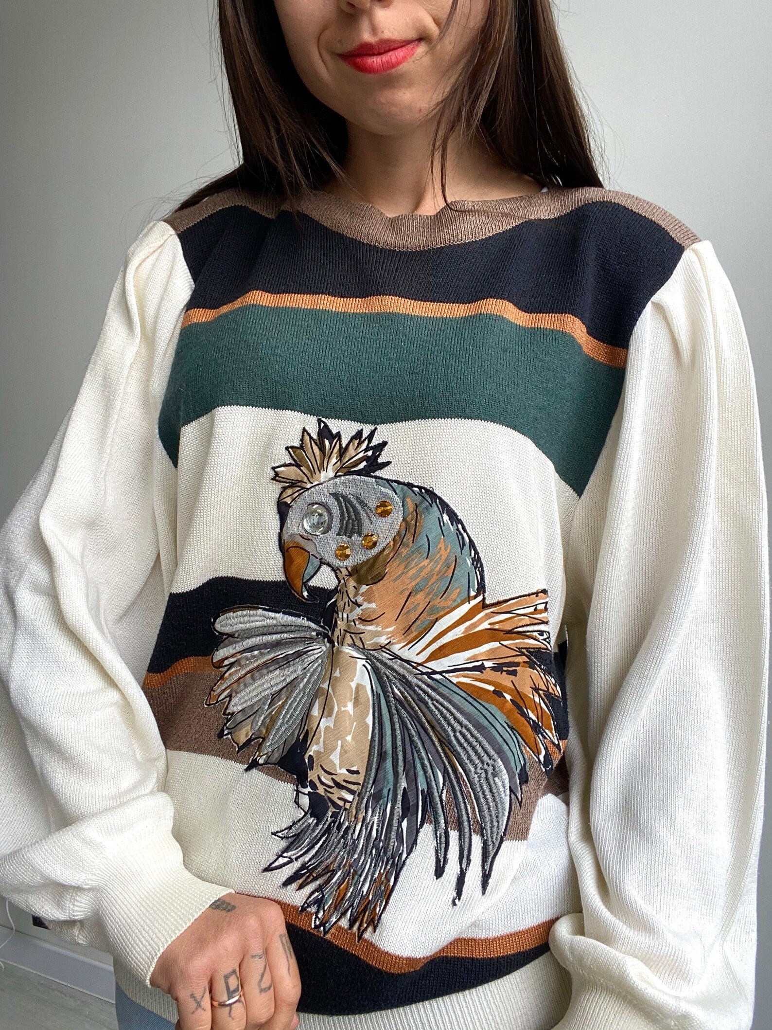 Vintage 80 90 Sweater Pullover Bird Abstract Parrot sweater | Etsy