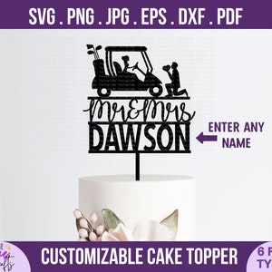 ミスター＆ミセス ゴルフカート ウェディング ケーキ トッパー svg - DIY パーソナライズ カップルの名前、記念日、ハートを持つ新郎、ゴルフカートを運転する花嫁、カット ファイル