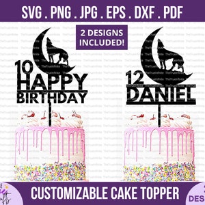 Wolf Howling Werewolf Cake Topper svg - DIY Personnaliser le nom et l’âge, joyeux anniversaire svg, topper de gâteau sur le thème du loup-garou svg, fichier coupe cricut