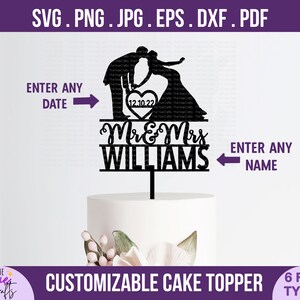 Pan i Pani Topper na Tort svg - DIY Personalizuj Imię Pary i Datę, para pochylająca się i całująca, rocznica ślubu svg, nowożeńcy, plik do cięcia