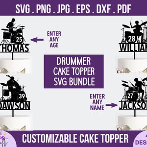 Drummer Silhouette Cake Topper svg -DIY Personalizar nombre y edad, feliz cumpleaños, topper de pastel de músico, fiesta de banda musical, archivo de corte cricut