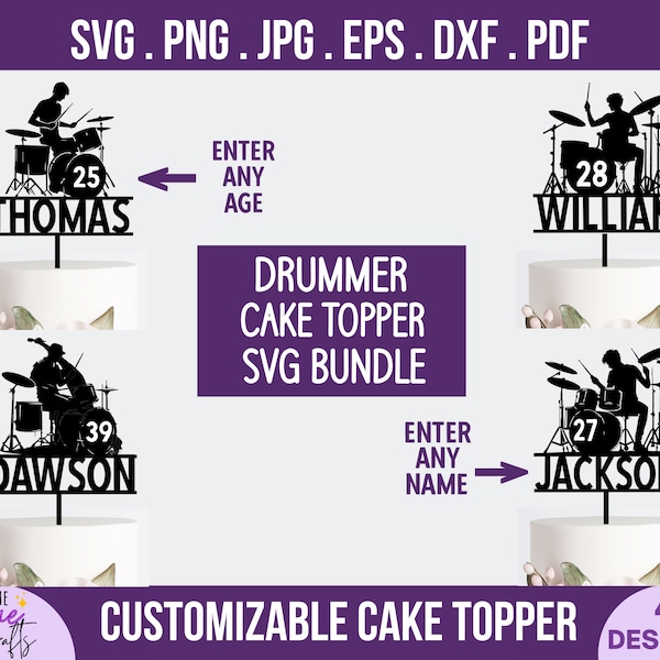 Drummer Silhouette Cake Topper svg -DIY Personalize Name and Age, happy birthday, musician cake topper, musical band party, cricut cut file