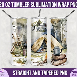 La aventura espera la envoltura del vaso de sublimación PNG -Plantillas de diseño de vaso delgado de 20 oz, PNG de sublimación de camping, imágenes prediseñadas de la vida del campamento, tobogán acuático