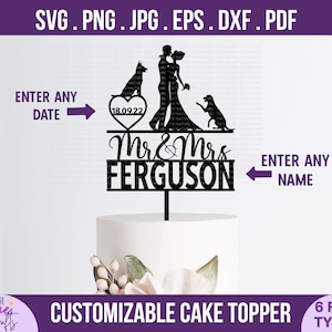 Mr and Mrs Wedding Cake Topper svg- DIY Personalizar nombre y fecha de pareja, aniversario svg, novia y novio, pareja con dos perros, archivo cortado