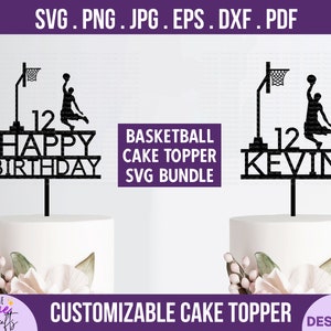 Topper de bolo de aniversário com tema de basquete svg - DIY personalize nome e idade, feliz aniversário svg, topper de bolo de basquete svg, arquivo de corte cricut