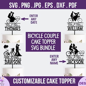 Sr. e Sra. bicicleta bolo de casamento topper svg- DIY Personalize o nome do casal e a data, aniversário svg, noivo e noiva ciclismo bicicleta svg arquivo de corte