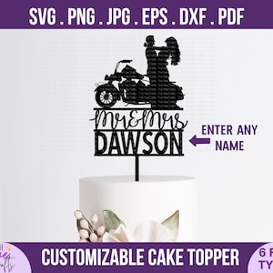 ミスター＆ミセス モーターサイクル ウェディング ケーキ トッパー svg - DIY カップルの名前をパーソナライズ、記念日 svg、新婚、デコレーション svg、クリカット カット ファイル