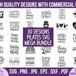 Paquete de svg de Pilates: ejercicios divertidos de entrenamiento para mujeres, citas sobre entrenamiento con pelota de pilates, refranes de gimnasio, camisetas sin mangas, motivación para el fitness, archivos de corte de Cricut