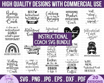 May include: A digital download bundle of 20 black and white SVG designs featuring inspirational quotes about being an instructional coach. The text includes phrases like "Badass Instructional Coach", "Instructional Coach Mode", "Rockin' the Instructional Coach Life", and "This Instructional Coach Needs Coffee".