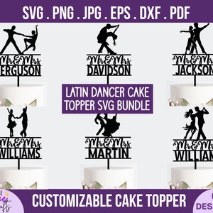 Mr and Mrs Latin Dance Cake Topper svg -Personalizar nombre y fecha de pareja, baile de salón de salsa, aniversario de bodas, recién casados, archivo cortado