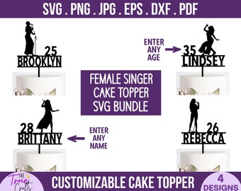 Female Singer Cake Topper svg -DIY Personalize Name and Age, happy birthday svg, musician cake topper svg, music, microphone cricut cut file