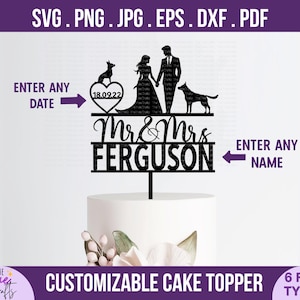 Topper na tort weselny „Pan i Pani” SVG – zrób to sam Personalizuj imię i datę pary, rocznicę SVG, pannę młodą i pana młodego, parę trzymającą się za ręce z 2 psami